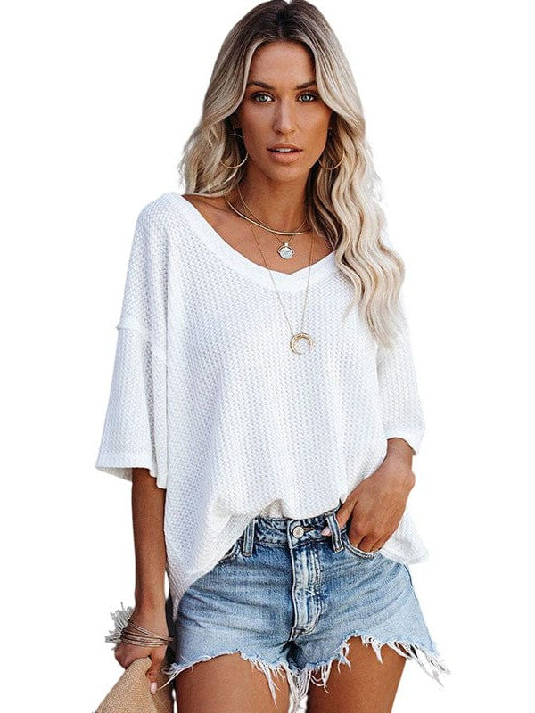 Womens Loose Waffle Knit Quarter-Sleeve Pullover T-Shirt