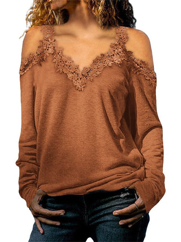 Womens Off-Shoulder Lace Top Pullover with Long Sleeves