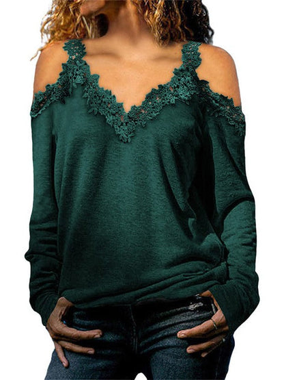 Womens Off-Shoulder Lace Top Pullover with Long Sleeves