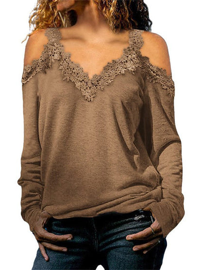 Womens Off-Shoulder Lace Top Pullover with Long Sleeves