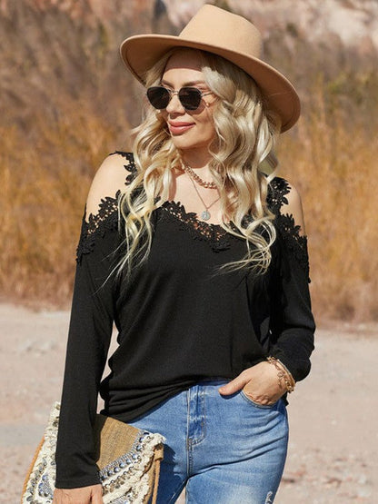 Womens Off-Shoulder Lace Top Pullover with Long Sleeves