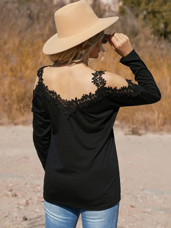 Womens Off-Shoulder Lace Top Pullover with Long Sleeves