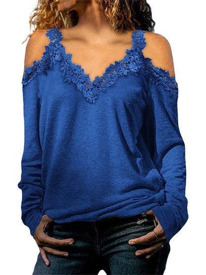 Womens Off-Shoulder Lace Top Pullover with Long Sleeves