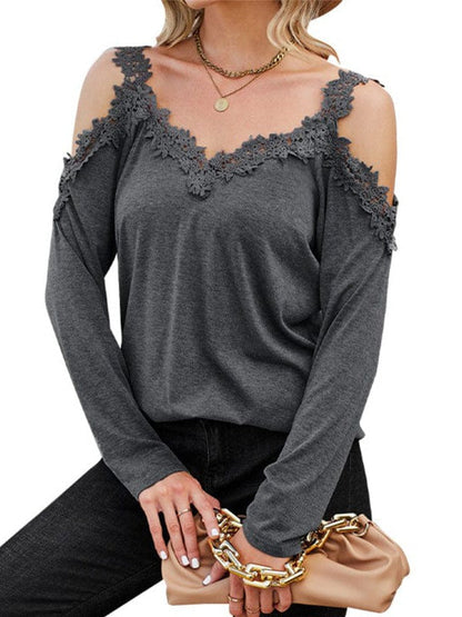 Womens Off-Shoulder Lace Top Pullover with Long Sleeves