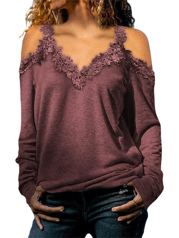 Womens Off-Shoulder Lace Top Pullover with Long Sleeves