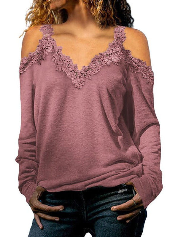 Womens Off-Shoulder Lace Top Pullover with Long Sleeves