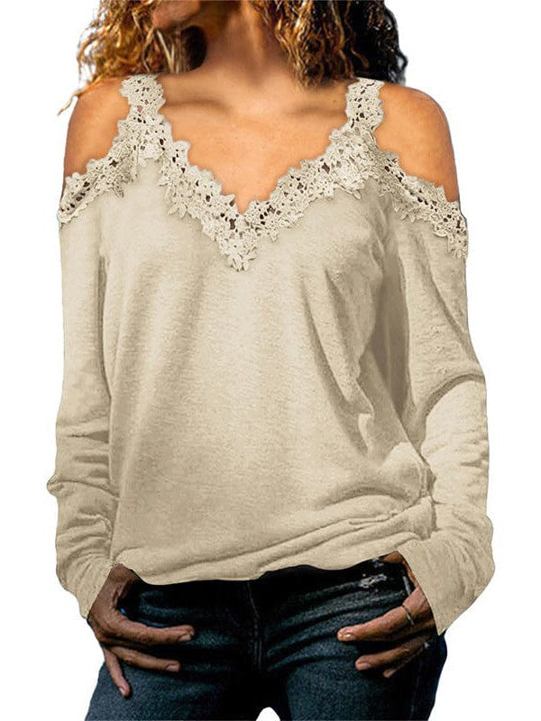 Womens Off-Shoulder Lace Top Pullover with Long Sleeves