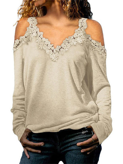 Womens Off-Shoulder Lace Top Pullover with Long Sleeves