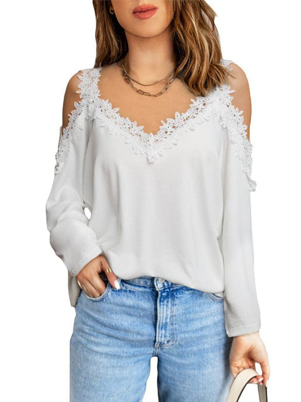 Womens Off-Shoulder Lace Top Pullover with Long Sleeves