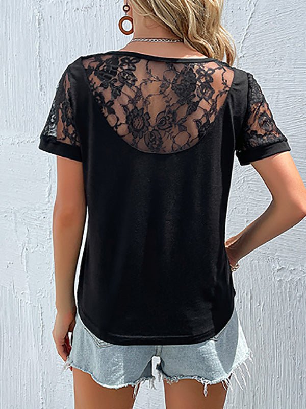 T-Shirts - Black Lace Fashion Short Sleeve T-Shirt - MsDressly