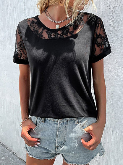 T-Shirts - Black Lace Fashion Short Sleeve T-Shirt - MsDressly