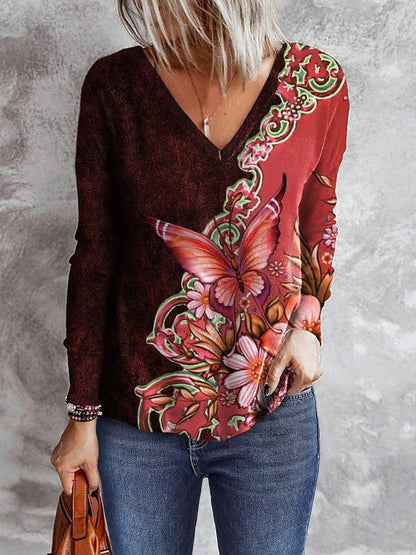 Butterfly Print V-Neck Long Sleeve T-Shirt