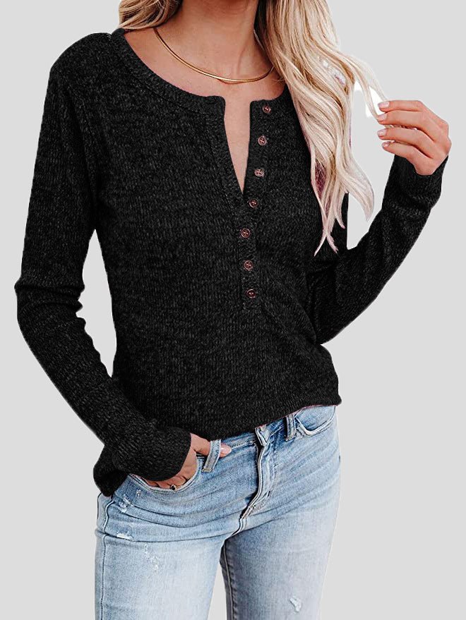 T-Shirts - Casual Round Neck Button Long Sleeve T-Shirt - MsDressly