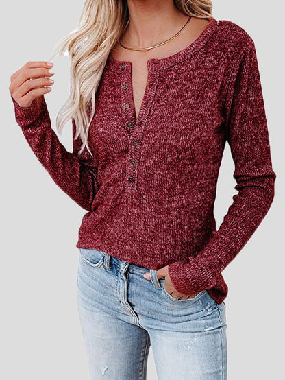 Casual Round Neck Button Long Sleeve T-Shirt