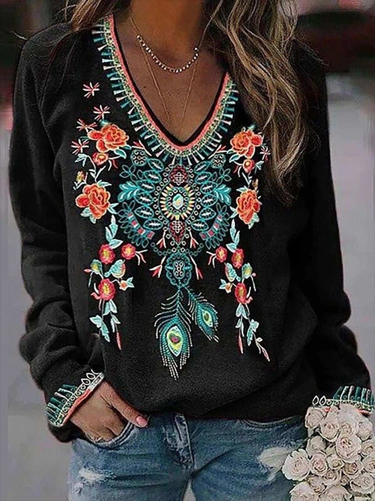 T-Shirts - Floral Print V-Neck Long Sleeve T-Shirt - MsDressly