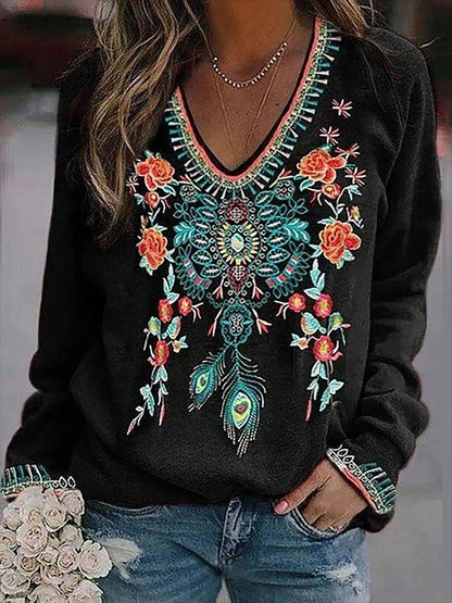 Floral Print V-Neck Long Sleeve T-Shirt