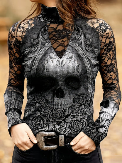 T-Shirts - Lace Skull Print Long Sleeve T-Shirt - MsDressly