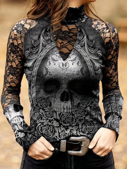 T-Shirts - Lace Skull Print Long Sleeve T-Shirt - MsDressly