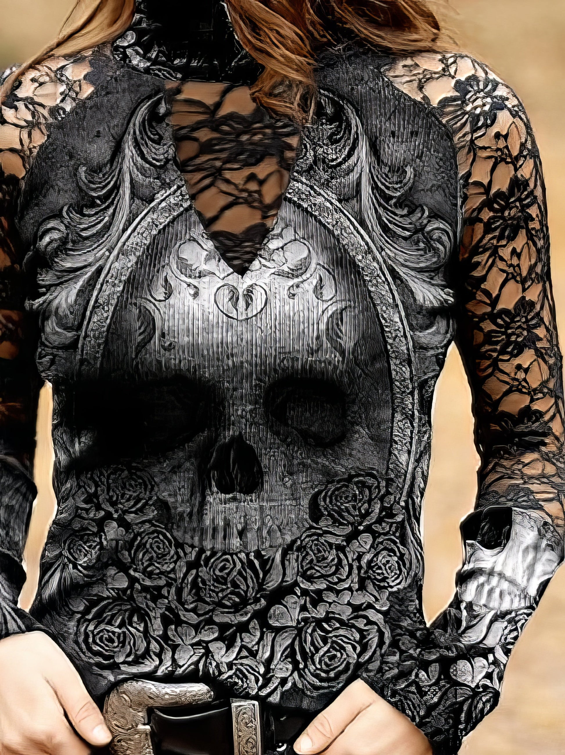 T-Shirts - Lace Skull Print Long Sleeve T-Shirt - MsDressly