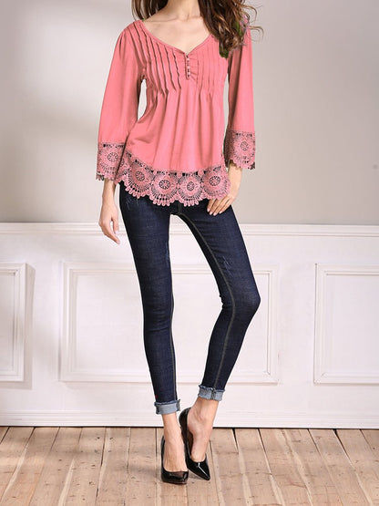 T-Shirts - Lace Splice Cotton Nine Point Sleeve T-Shirt - MsDressly