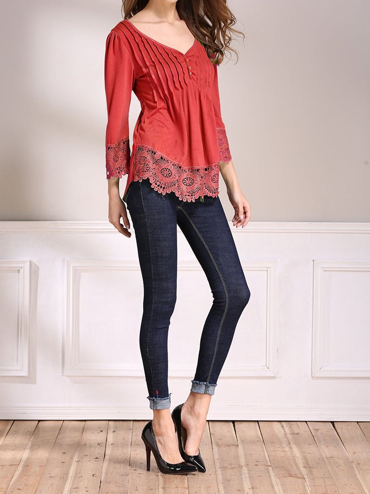 T-Shirts - Lace Splice Cotton Nine Point Sleeve T-Shirt - MsDressly