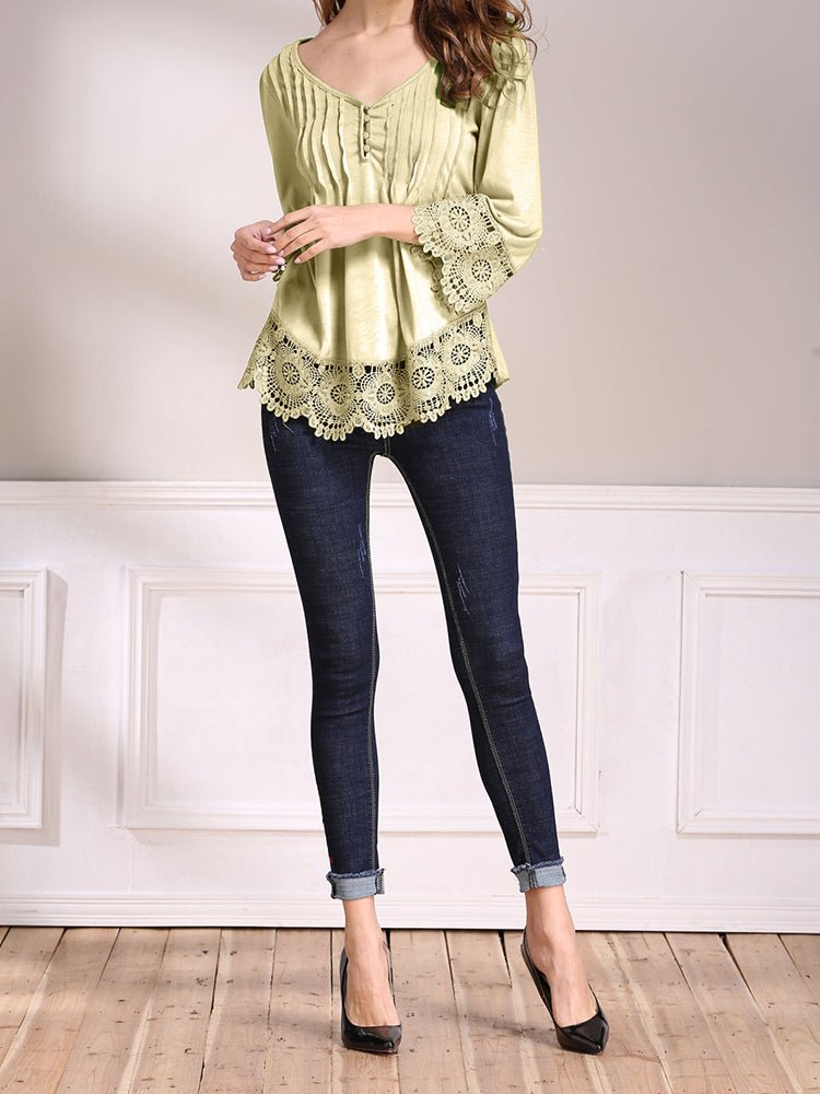 T-Shirts - Lace Splice Cotton Nine Point Sleeve T-Shirt - MsDressly