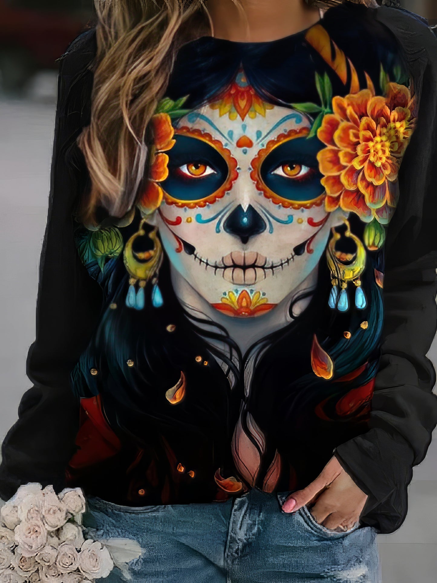 T-Shirts - Women's T-Shirts Skull Print Round Neck Long Sleeve T-Shirts - MsDressly