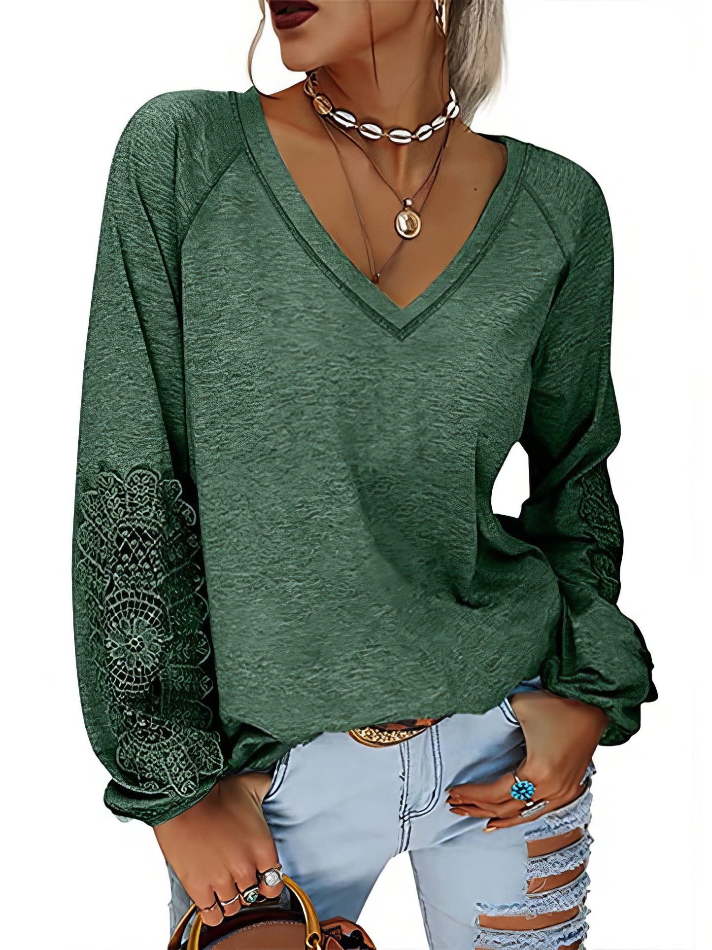 T-Shirts - Solid Color Pullover V-Neck Lantern Sleeve T-Shirt - MsDressly