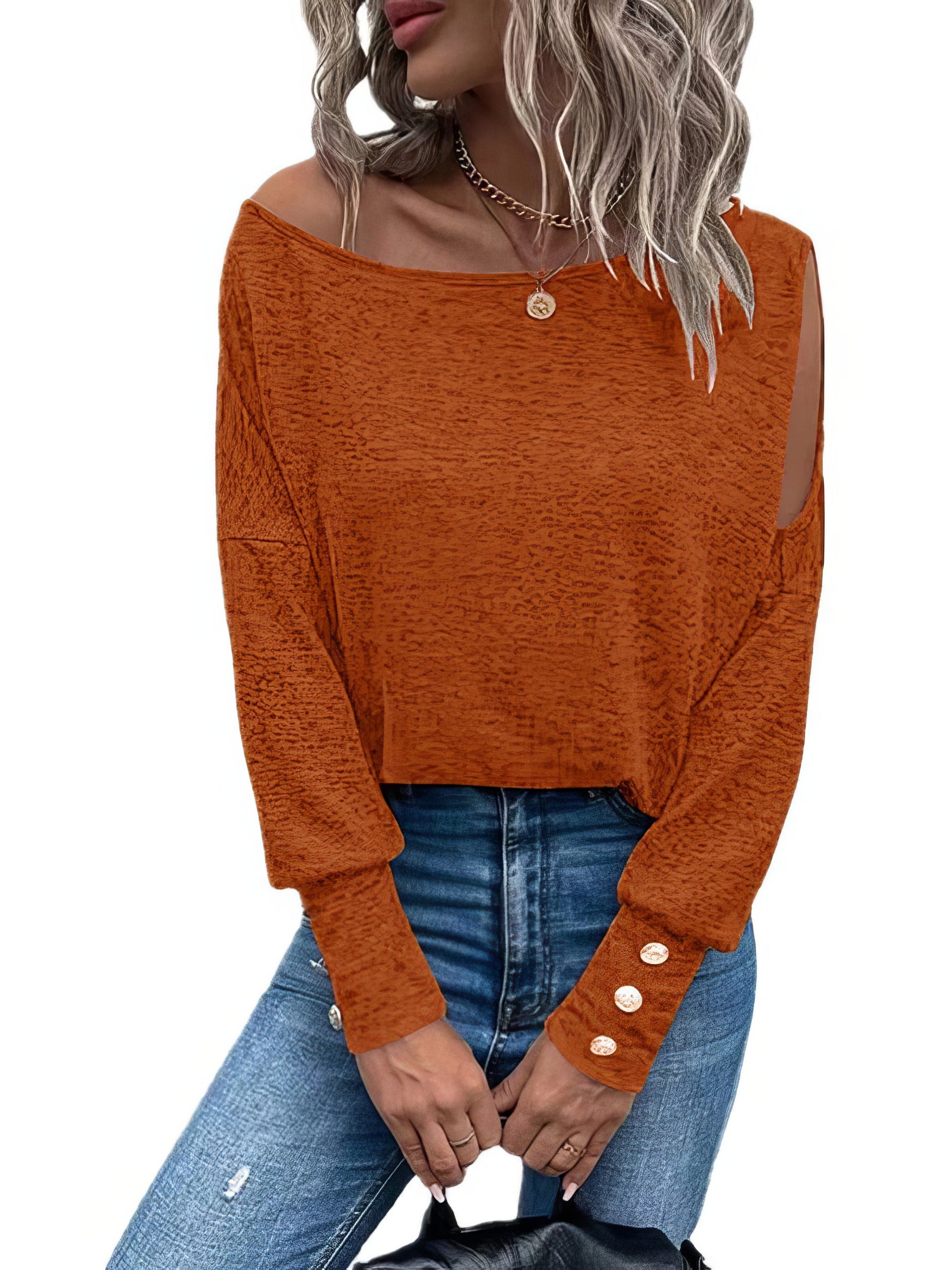 T-Shirts - Solid Off Shoulder Long Sleeves Buttoned Cuff T-Shirt - MsDressly