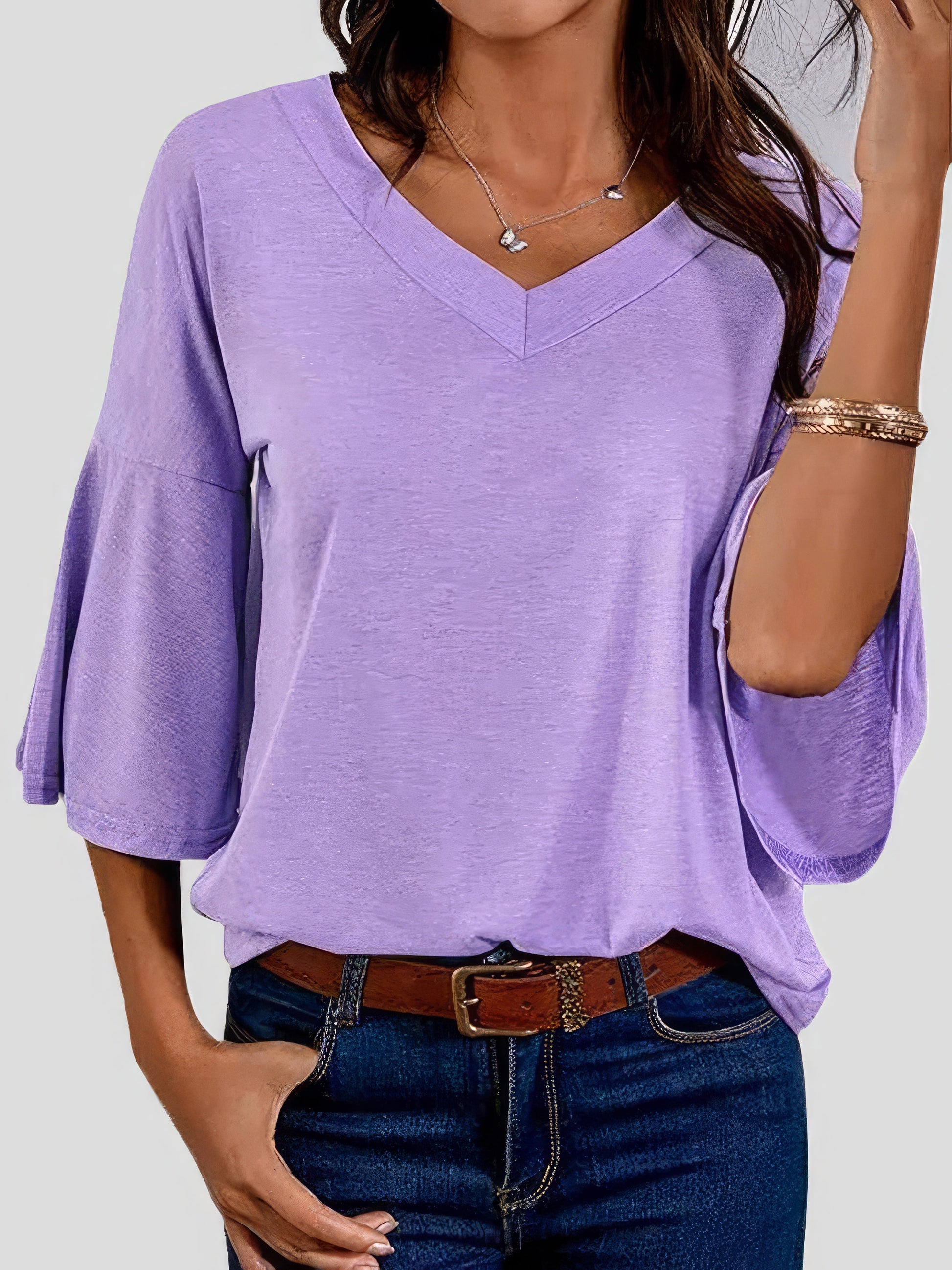 T-Shirts - Solid V-Neck Flared Sleeve T-Shirt - MsDressly