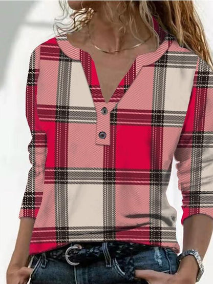 T-Shirts - Vintage Check Print V-Neck Button Long Sleeve T-Shirt - MsDressly