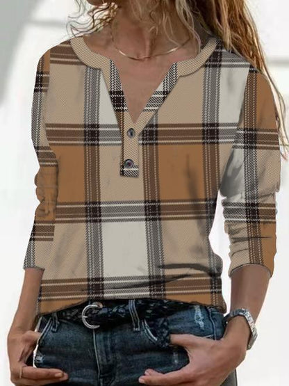 T-Shirts - Vintage Check Print V-Neck Button Long Sleeve T-Shirt - MsDressly
