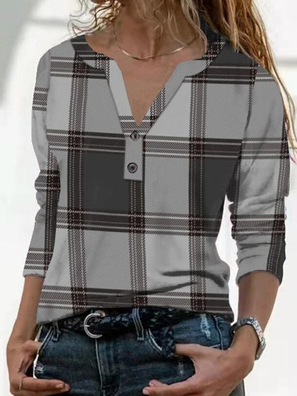 T-Shirts - Vintage Check Print V-Neck Button Long Sleeve T-Shirt - MsDressly