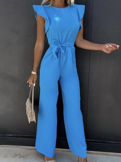 Women's Jumpsuit Lace up Ruffle Solid Color Round Neck Elegant Party Going out Regular Fit Short Sleeve White Blue Pink S M L Spring - LuckyFash™