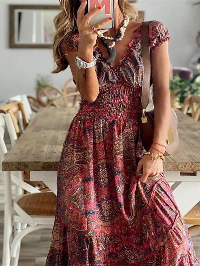 Women's Swing Dress Boho Dress Long Dress Maxi Dress Wine Short Sleeve Floral Print Spring Summer V Neck Weekend Loose Fit 2023 S M L XL XXL 3XL - LuckyFash™