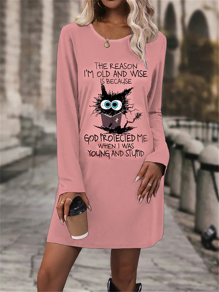 Women's Winter Dress T Shirt Dress Tee Dress Cat Letter Print V Neck Mini Dress Daily Vacation Long Sleeve Fall Winter