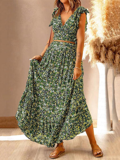 Women's Two Piece Dress Set Casual Dress Skirt Set Floral Dress Holiday Vacation Bohemia Vintage Ruffle Print Long Dress Maxi Dress V Neck Sleeveless Floral Regular Fit Blue Green Rainbow Summer S M