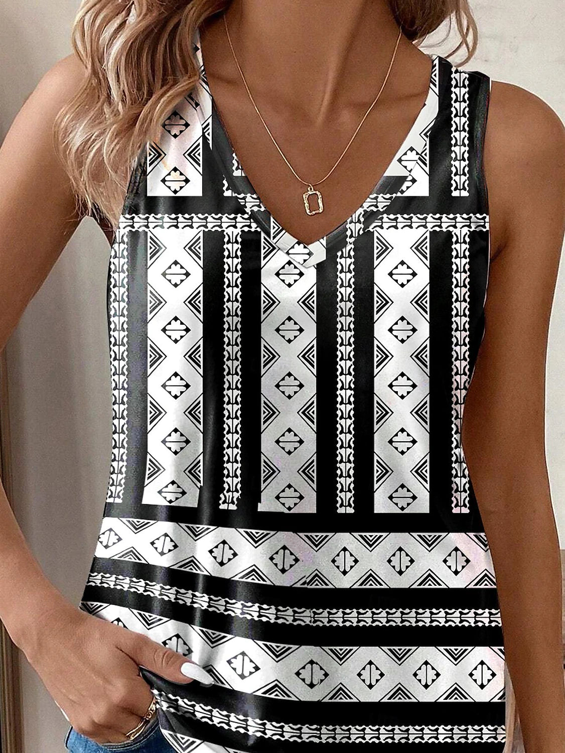 Women's Tank Top Vest Geometric Vacation Print Black Sleeveless Vintage Ethnic Boho V Neck Summer