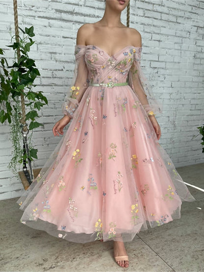 A-Line Prom Dresses Floral Dress Wedding Guest Ankle Length Long Sleeve Off Shoulder Lace with Embroidery Appliques 2023 - LuckyFash™