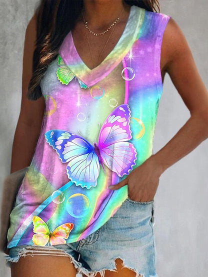 Women's Tank Top Butterfly Tie Dye Vacation Print Fuchsia Sleeveless Stylish V Neck Summer