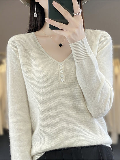 Women's Pullover Sweater Jumper V Neck Ribbed Knit Polyester Button Knitted Fall Winter Regular Outdoor Daily Holiday Fashion Streetwear Casual Long Sleeve Solid Color Black White Light Green S M L