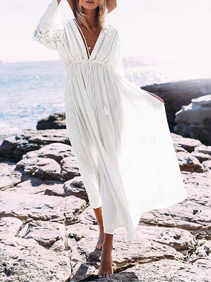 Women's White Dress Casual Dress Swing Dress Long Dress Maxi Dress Lace Patchwork Vacation Beach Streetwear Maxi V Neck 3/4 Length Sleeve Black White Color