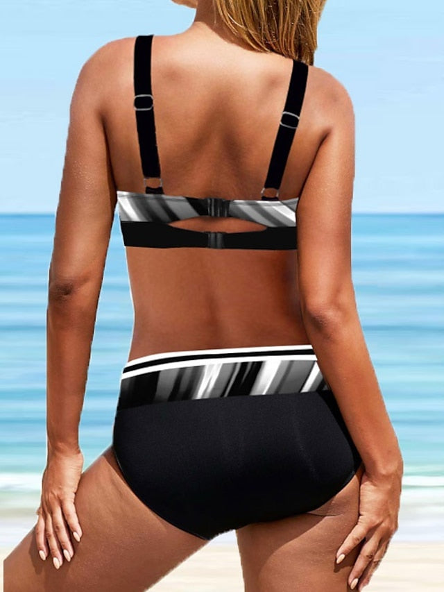 Women's Swimwear Bikini 2 Piece Plus Size Swimsuit Backless Printing High Waisted Geometic Stripes / Ripples Black Purple V Wire Bathing Suits New Stylish Vacation / Sexy / Padded Bras - LuckyFash™