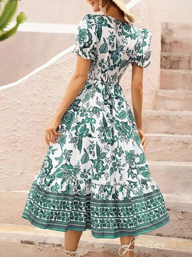 Women's Casual Dress Summer Dress Print Dress Floral Ruched Print V Neck Puff Sleeve Midi Dress Active Fashion Outdoor Street Short Sleeve Loose Fit Black Red Blue Summer Spring S M L XL XXL - LuckyFash™