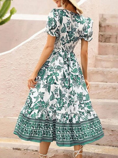 Women's Casual Dress Summer Dress Print Dress Floral Ruched Print V Neck Puff Sleeve Midi Dress Active Fashion Outdoor Street Short Sleeve Loose Fit Black Red Blue Summer Spring S M L XL XXL - LuckyFash™