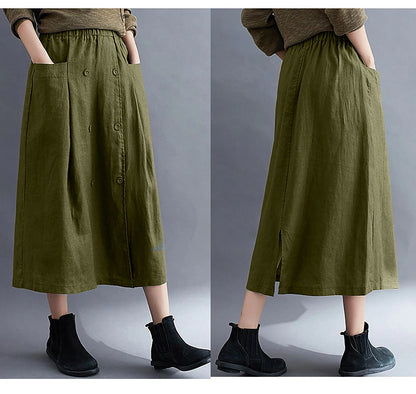 Women's Skirt A Line Long Skirt Linen Skirts Midi Skirts Pocket Split Ends Solid Colored Street Daily Spring & Summer Cotton Linen coastal grandma style Basic Casual Long Black Brown Green Apricot