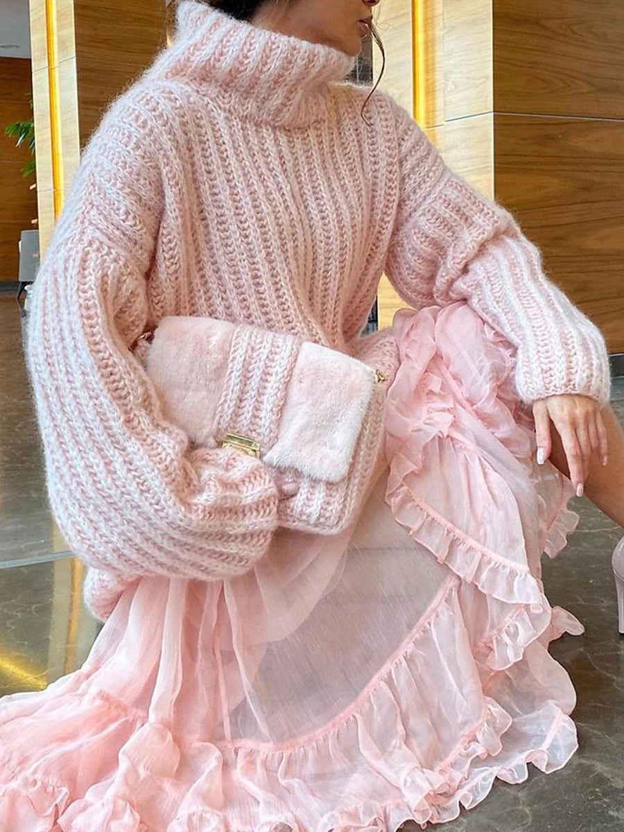 Women's Pullover Sweater Jumper Turtleneck Chunky Knit Acrylic Oversized Fall Winter Outdoor Daily Going out Stylish Casual Soft Long Sleeve Solid Color White Pink Green S M L