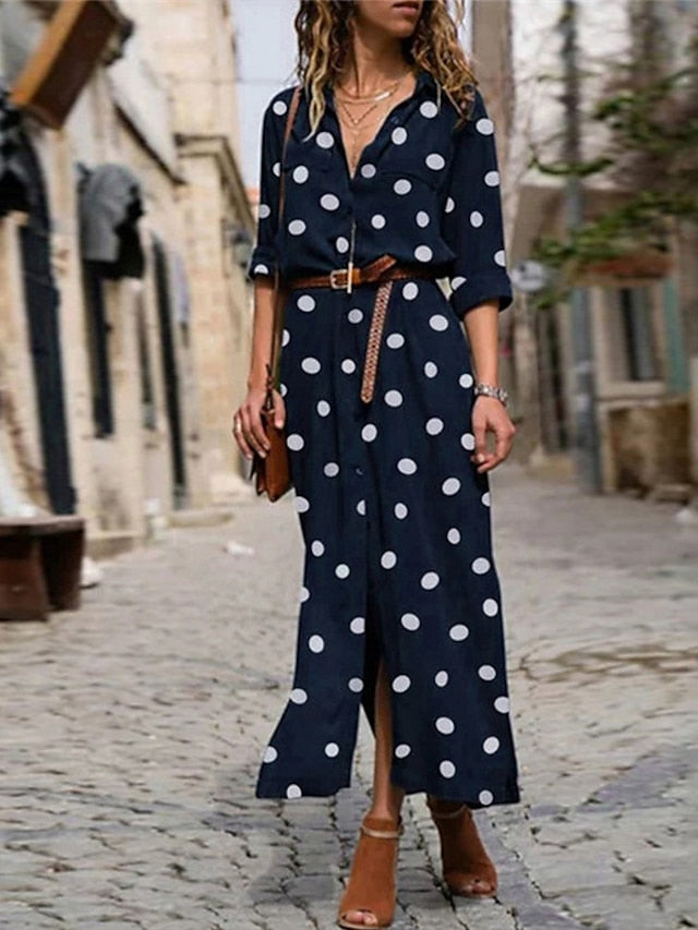 Women's Shirt Dress Maxi long Dress Winter Dress Daily Date Polyester Fashion Elegant Shirt Collar Print Long Sleeve Summer Spring Fall 2022 Regular Fit Black Army Green Red Polka Dot Round Dots S M