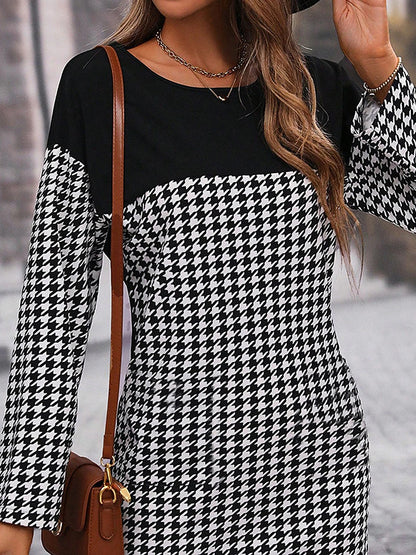 Women's Sweatshirt Dress Casual Dress Mini Dress Warm Active Outdoor Going out Weekend Crew Neck Print Color Block Houndstooth Loose Fit Black S M L XL XXL