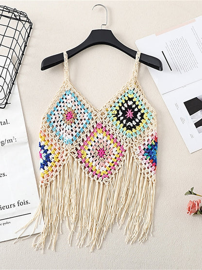 Women's Sweater Vest Jumper Crochet Knit Tassel Open Back Plaid Strap Stylish Ethnic Style Daily Holiday Summer Spring Black White One-Size - LuckyFash™